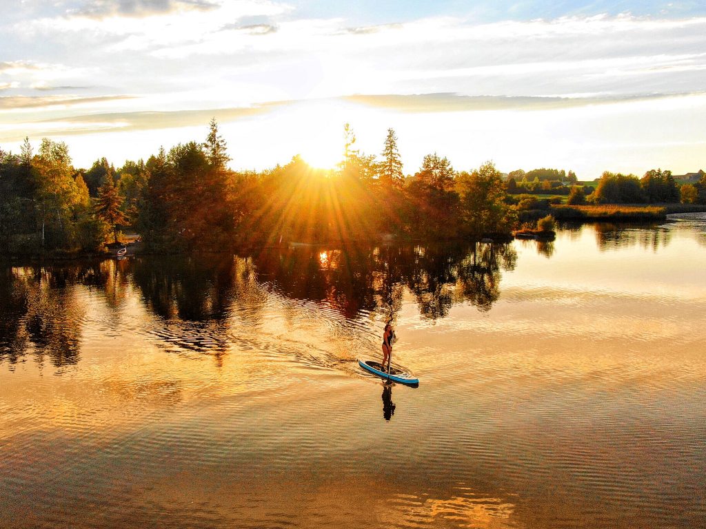 Denise steht auf einem Surfbrett und gleitet langsam über ruhiges Gewässer im Sonnenuntergang. Im Hintergrund sieht man leicht rötlich die Sonne hinter Bäumen untergehen.