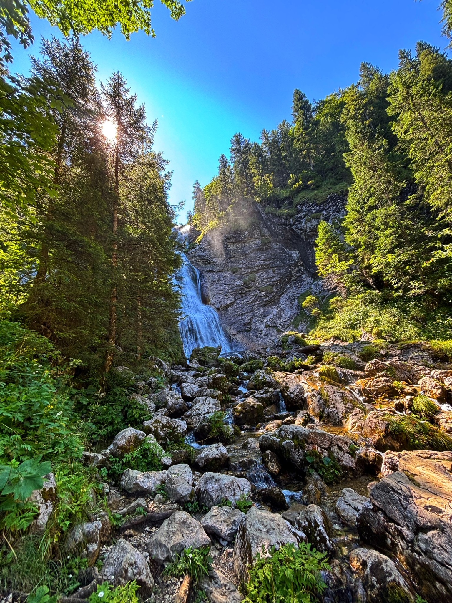 Ein Bild das durch eine Waldschneise blickt. Links und Rechts sind grüne blühende Bäume durch die die Sonne strahlt. Mittig ist ein Steiniger Weg der nach hinten im Bild zu einem sehr großen Wasserfall verläuft.